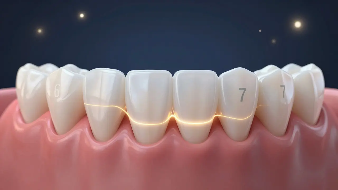 Child’s mouth transitioning from baby teeth to permanent molars labeled '6' and '7' emerging from gums.