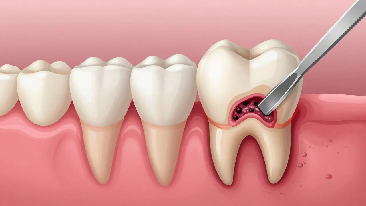 Comparison of healthy gums versus deep periodontal pockets with bacterial buildup.