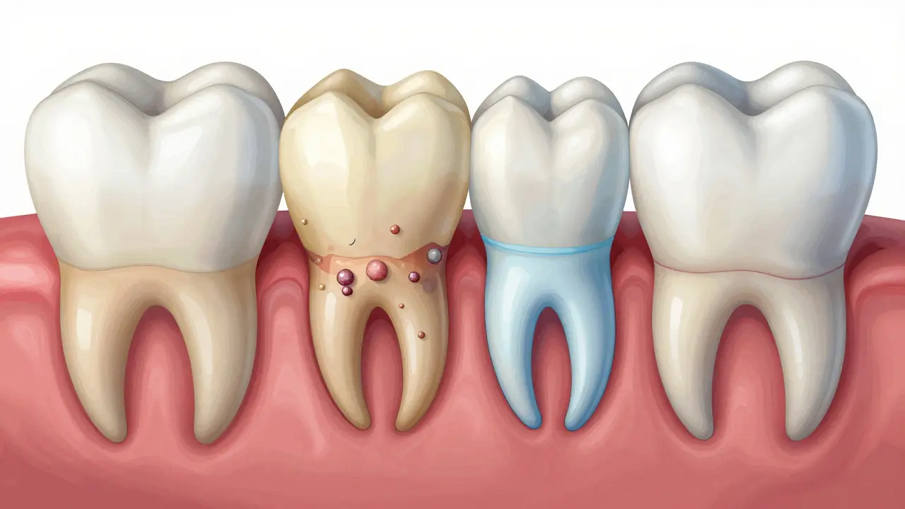 Cross-section of tooth and gum showing infected periodontal pockets versus healthy tissue.