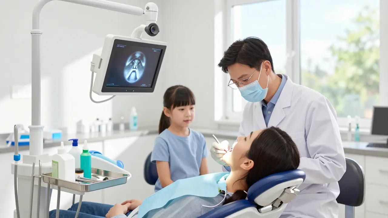 Dentist examining a patient in a well-lit emergency room with child and parent present.