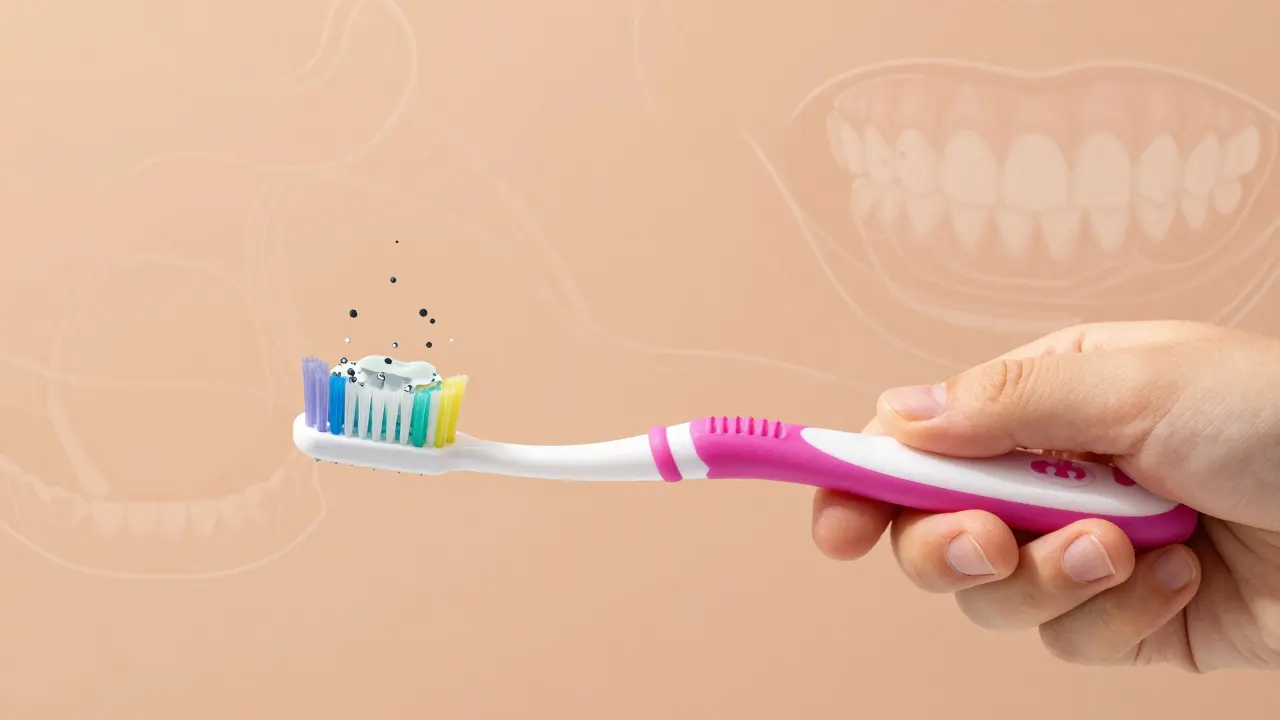 Dítě čistí zuby barevným Curaprox Kids kartáčkem, štětiny se ohýbají kolem zubních náprav.