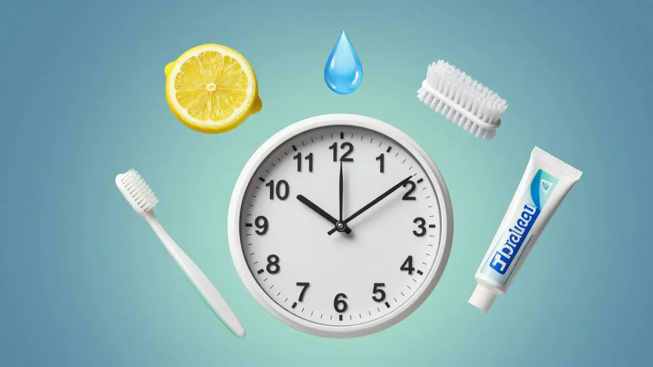 Hodiny s ručičkami tvaru kartáčků ukazují ideální časy pro čištění zubů s doprovodnými symboly hygieny.