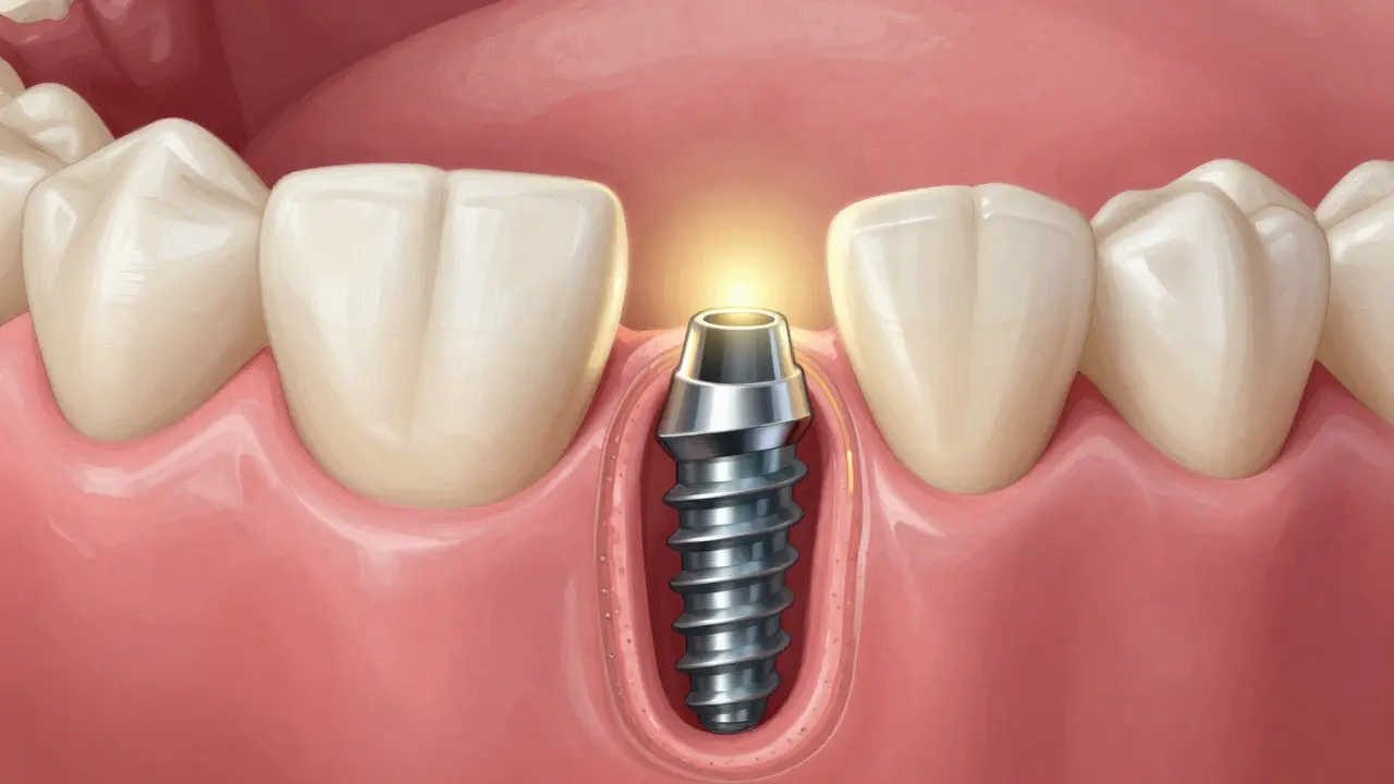 Křížový řez čelisti s implantátem spojeným s kostí, s přirozenými dásněmi a zdravou strukturou.