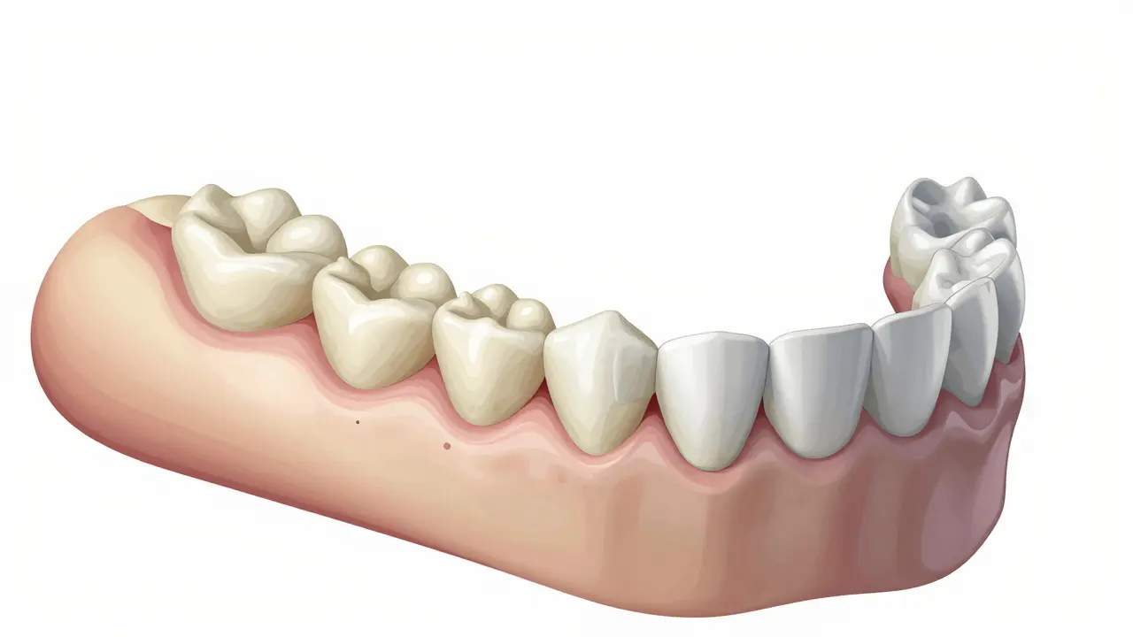 Křížový řez čelisti ukazující resorpci kosti a uvolnění zubní protézy.