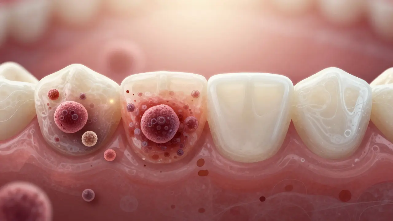 Mikroskopický pohled na gumky na rovnátka s usazenými zbytky potravy a bakteriemi.