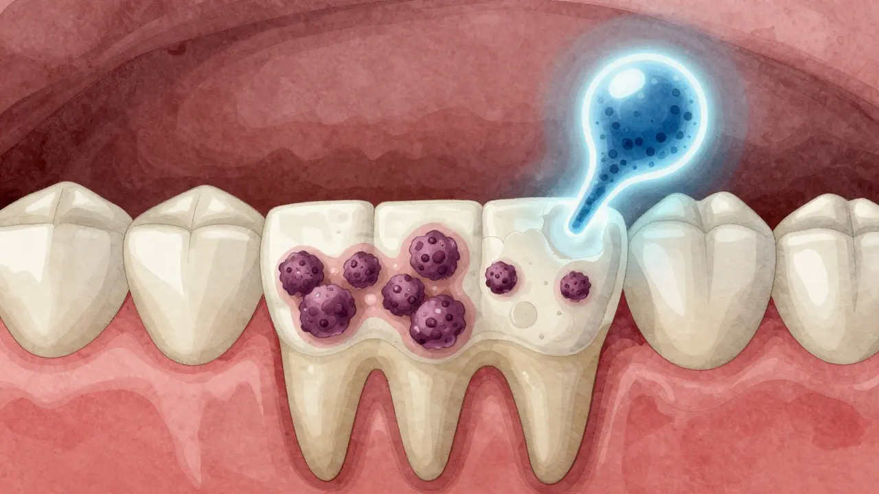 Mikroskopický pohled na zubní sklovinku s plakem a fluoridem, který opravuje poškození.