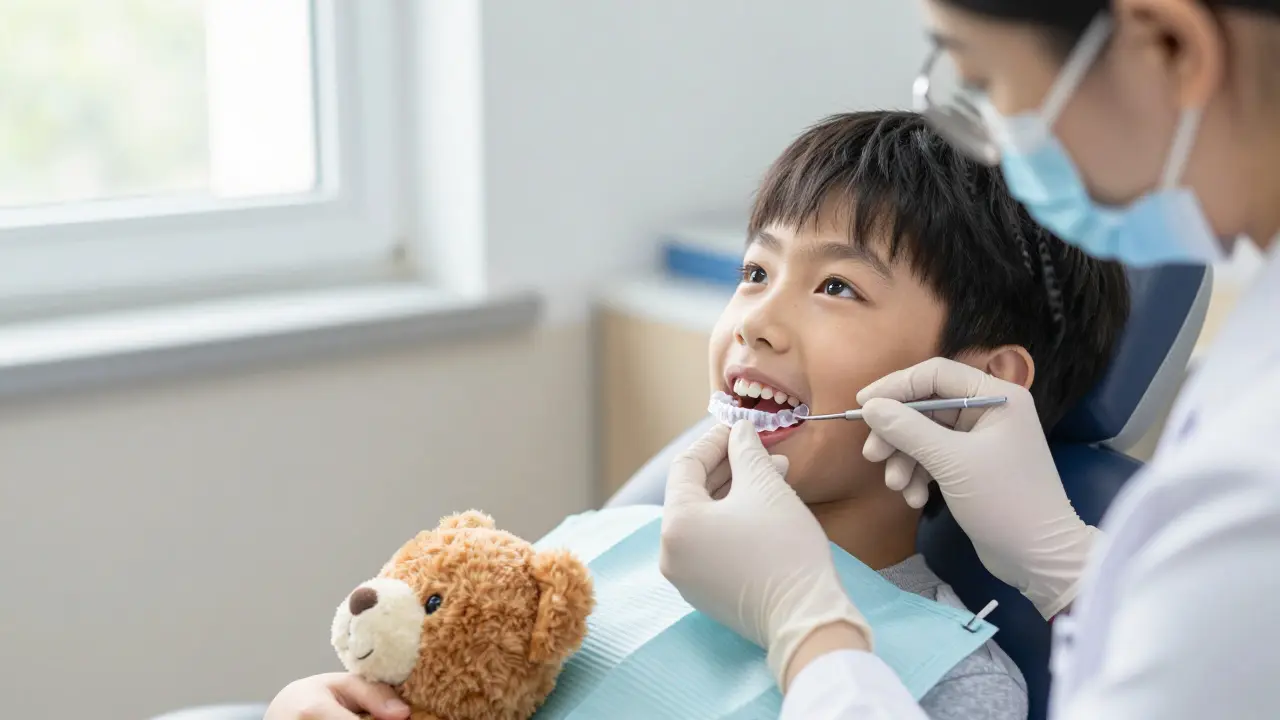 Orthodontist placing a palatal expander on a child's upper jaw during a gentle, non-invasive procedure.