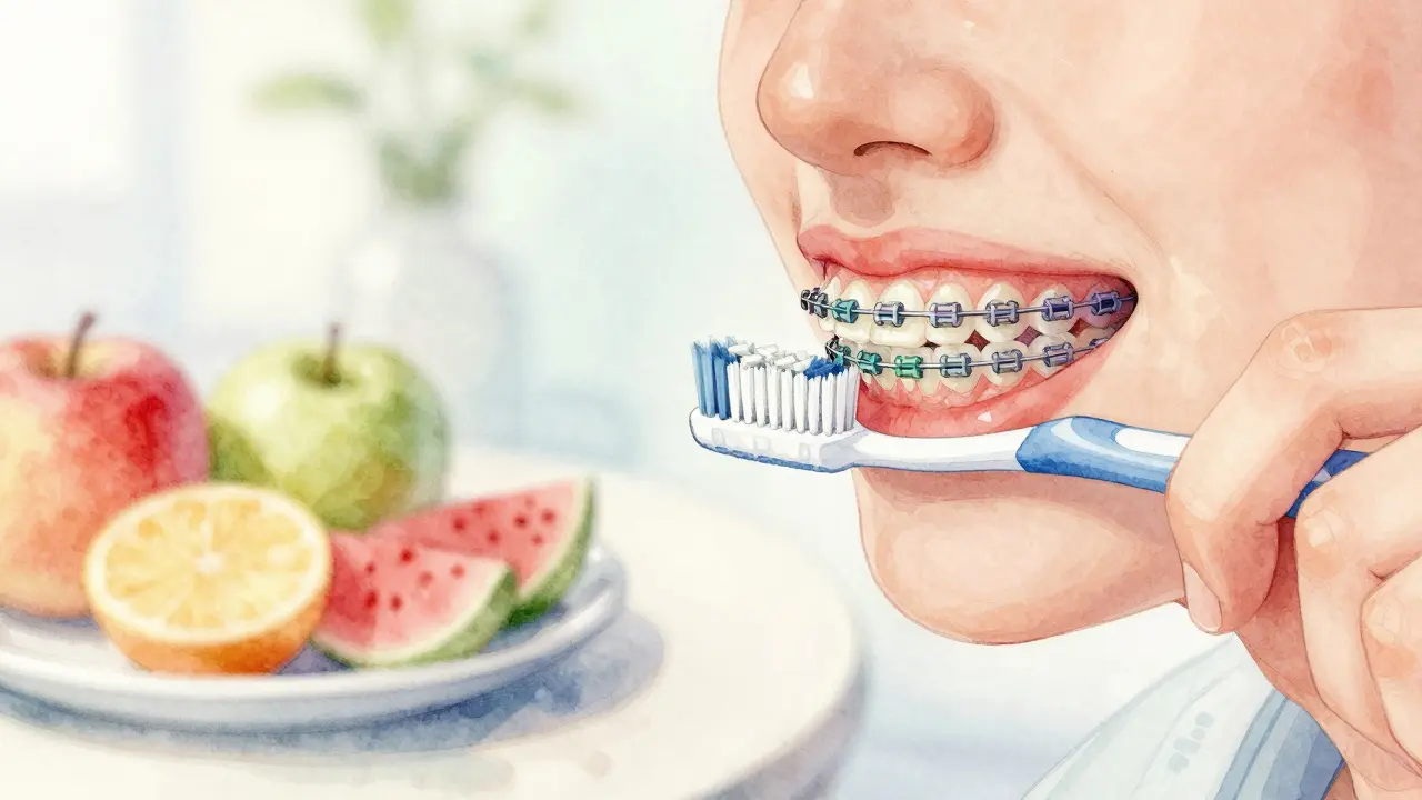 Osoba s ortodontickými dráty čistí zuby po jídle měkkým kartáčkem.