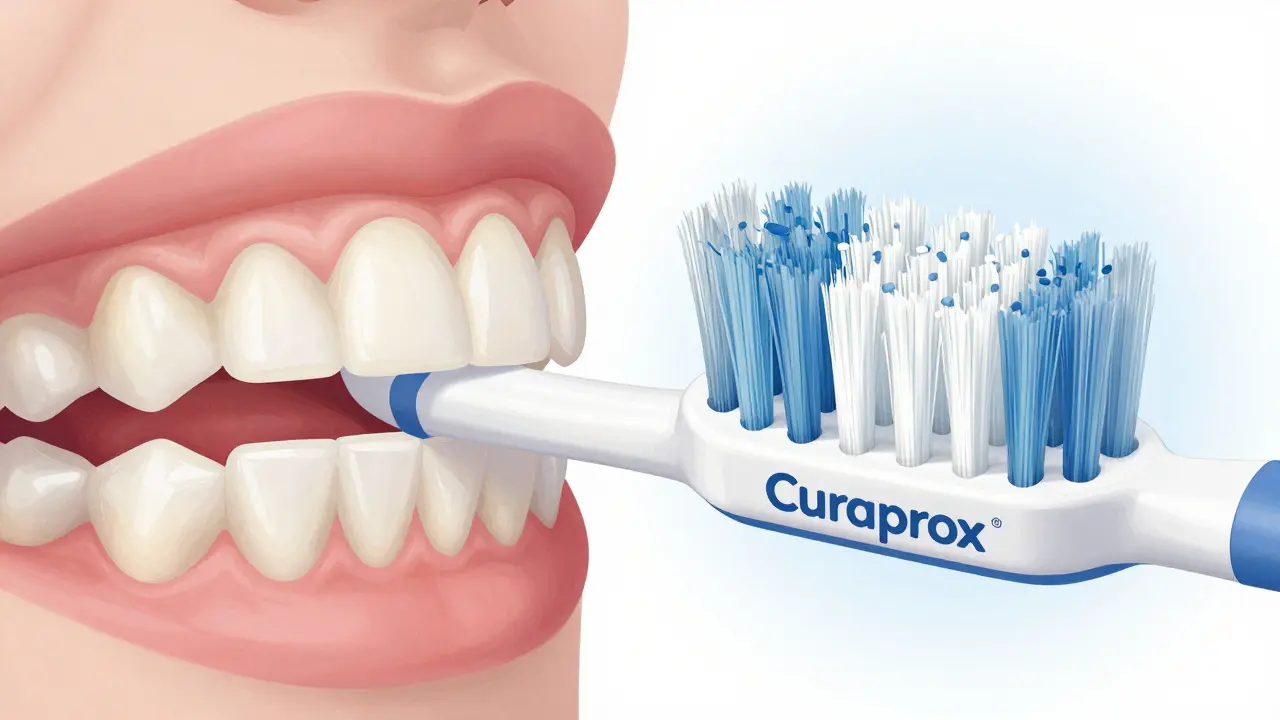 Porovnání běžného a Curaprox kartáčku: štětiny přesně čistí mezery mezi zuby a dásně.