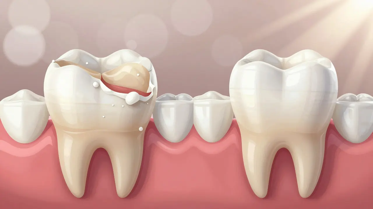 Porovnání poškozeného zubu pod náplní a zdravého zubu s porcelánovou vložkou.