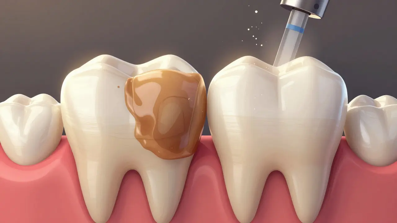 Porovnání zubu před a po pískování: špína versus čistý email.