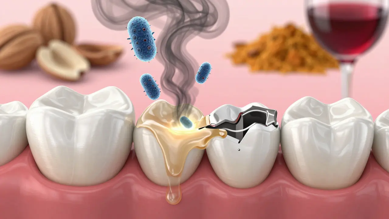 Poškozené keramické rovnátko s lepidlem a bakteriemi kolem, symbolizující rizika nevhodného jídla.