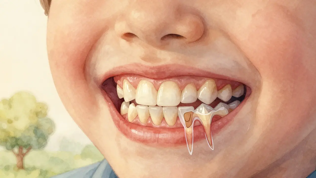 Přechod dětských zubů na trvalé zuby v čelisti s přírodními prvky.