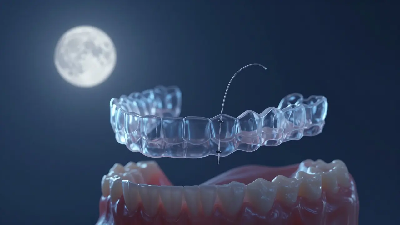Přechodný retentor v noci, zatímco zuby se snaží vrátit do původní polohy.