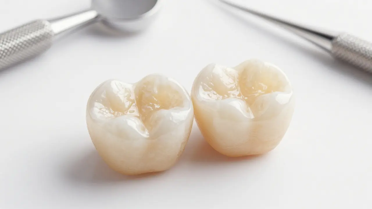 Provizorní plastová korunka vedle trvalé keramické korunky s výrazným rozdílem v textuře.