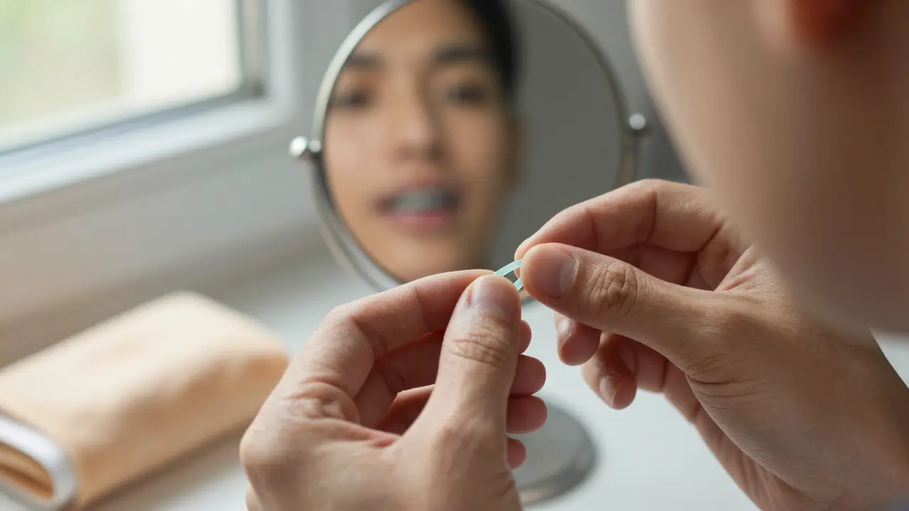 Ruka nahrazuje gumičky na rovnátce ráno, teplá komprese a zrcadlo na pozadí.