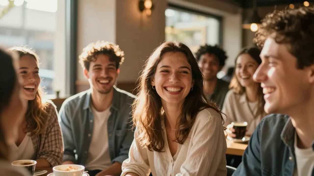 Skupina lidí se směje v kavárně, každý volně ukazuje svůj úsměv.