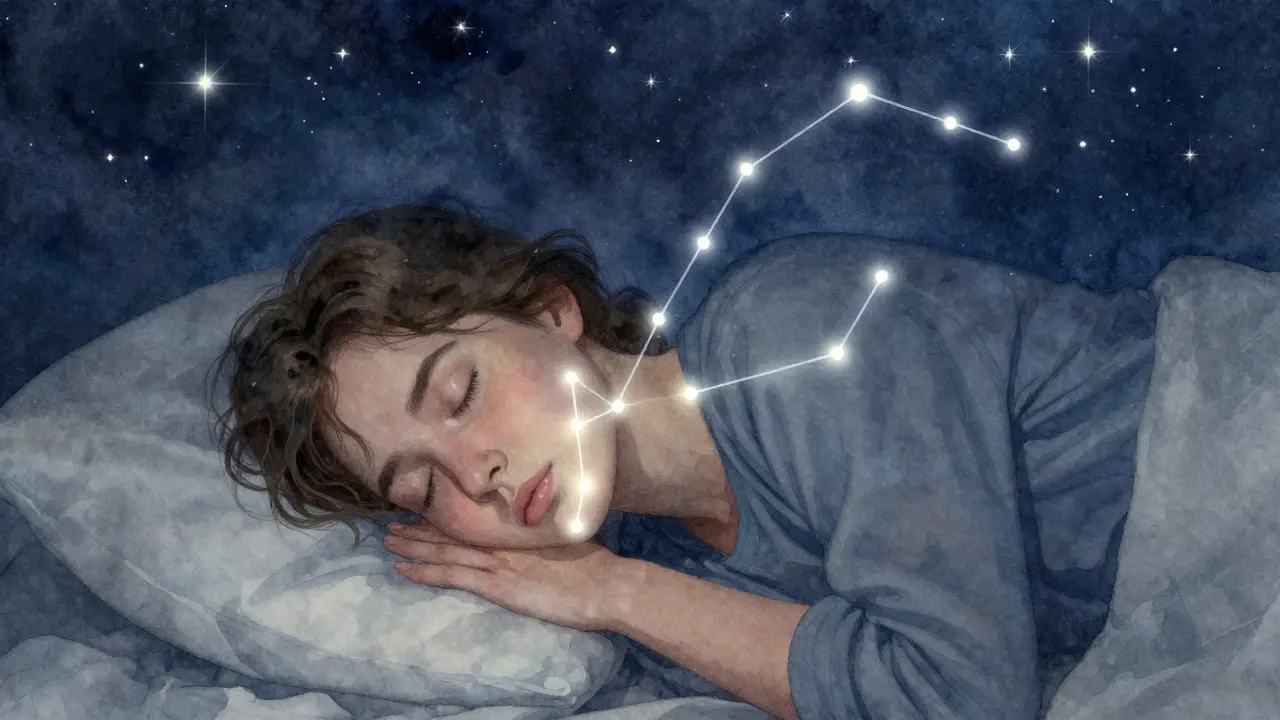 Spatření čelisti spojené jemnými světelnými čárami jako hvězdné útvary, symbolizující postup v ortodontii.