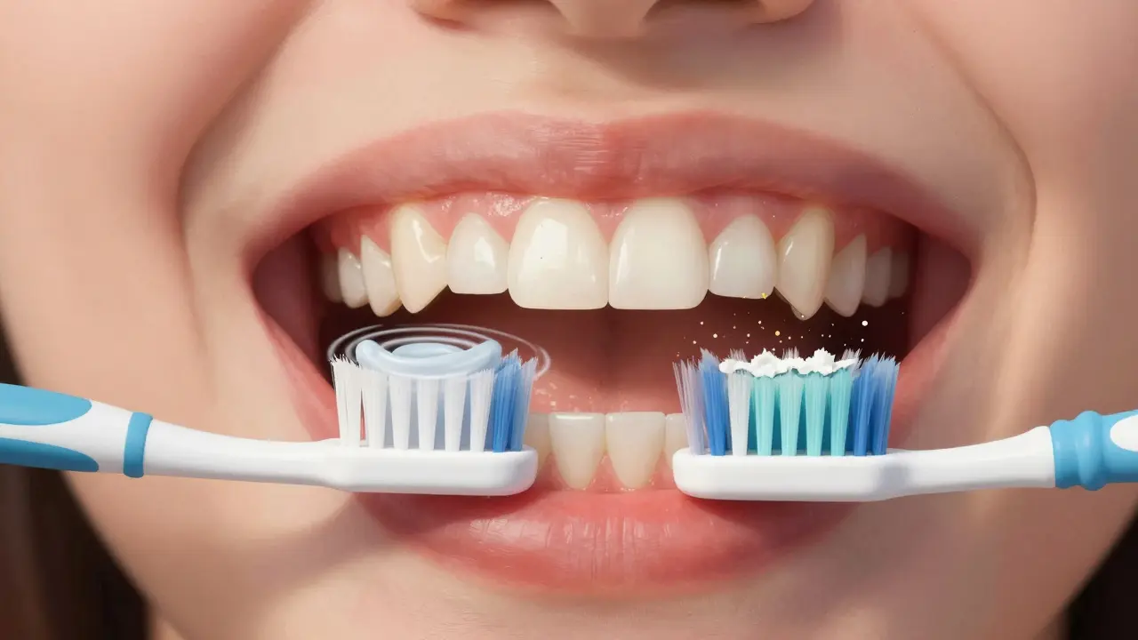 Srovnání zdravé a poškozené skloviny zubů v důsledku správného a agresivního čištění.