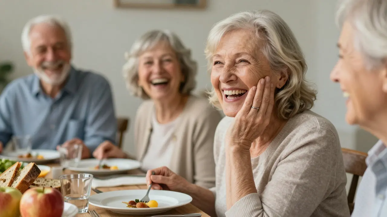 Starší žena se směje při večeři, ruka se dotýká tváře, kde jí implantát vrátil smích a sebevědomí.