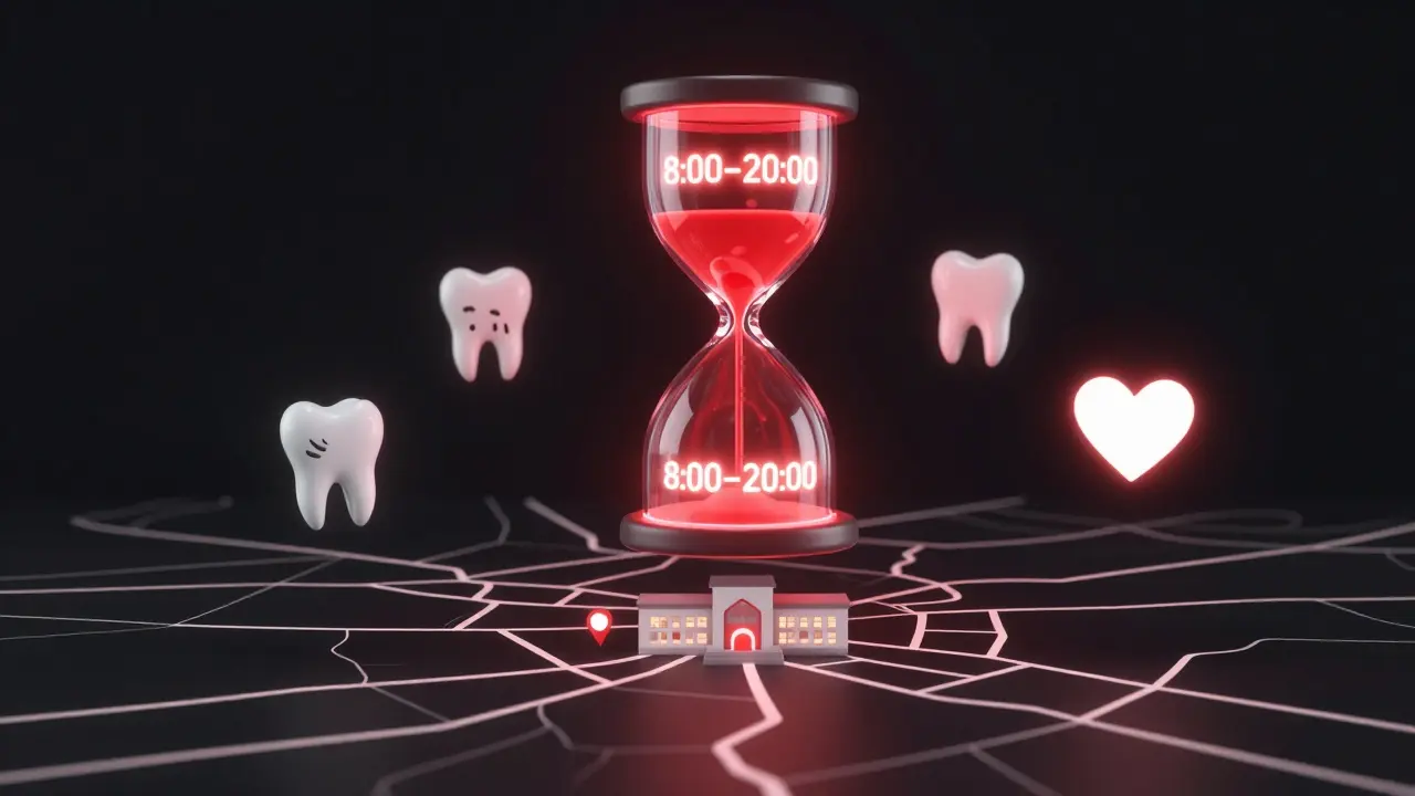 Symbolic representation of 24/7 dental emergency service with glowing hourglass and city map.