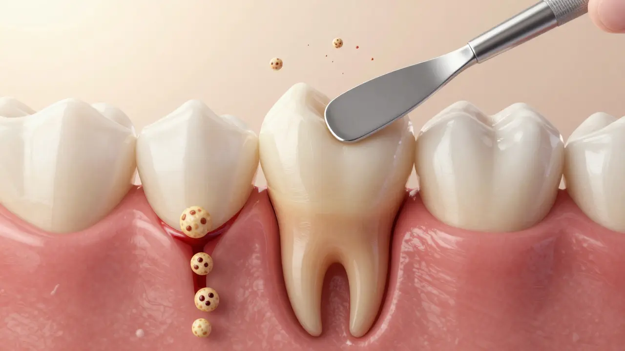 Tooth root being smoothed after scaling, with bacteria falling away as gums heal.