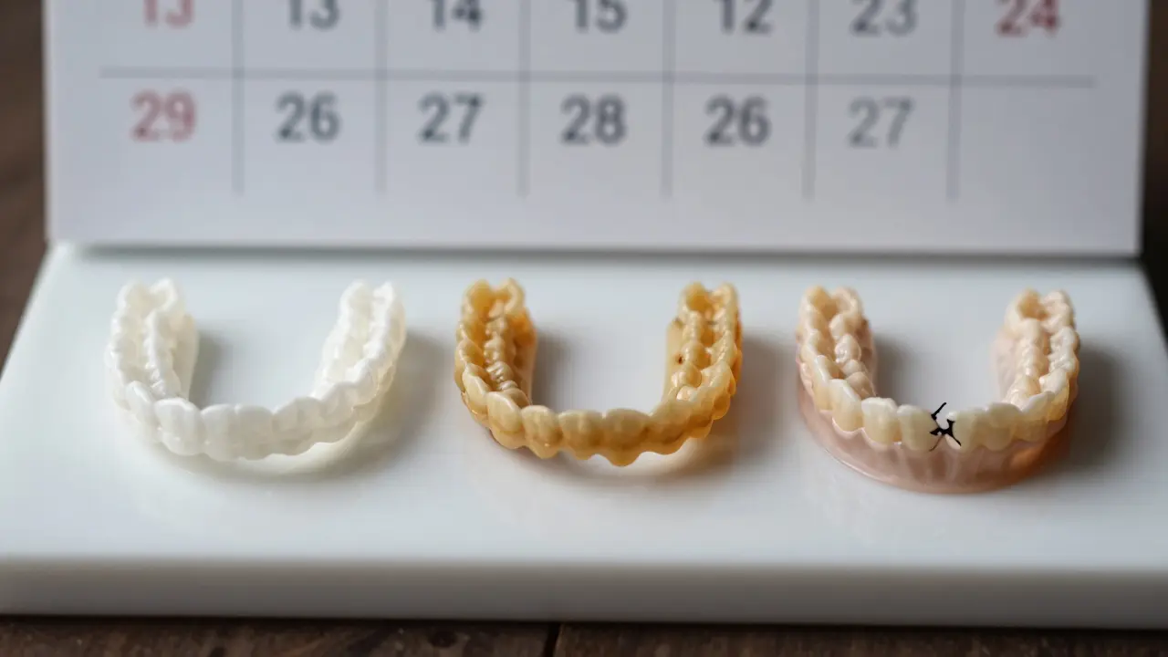 Tři gumky na rovnátka: čistá, zbarvená a poškozená, na bílém povrchu s kalendářem.