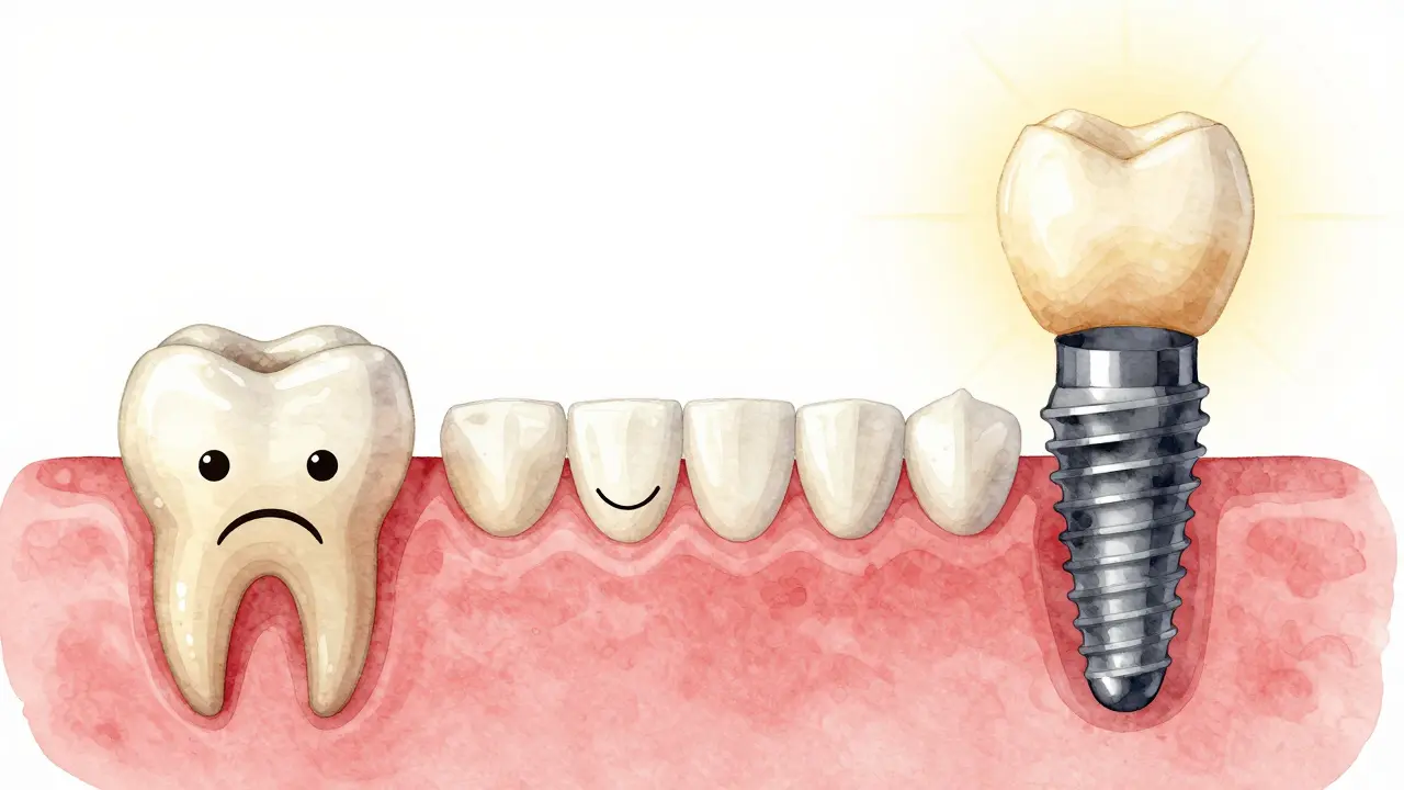 Vizualizace přechodu od chybějícího zubu k dočasnému a trvalému řešení.