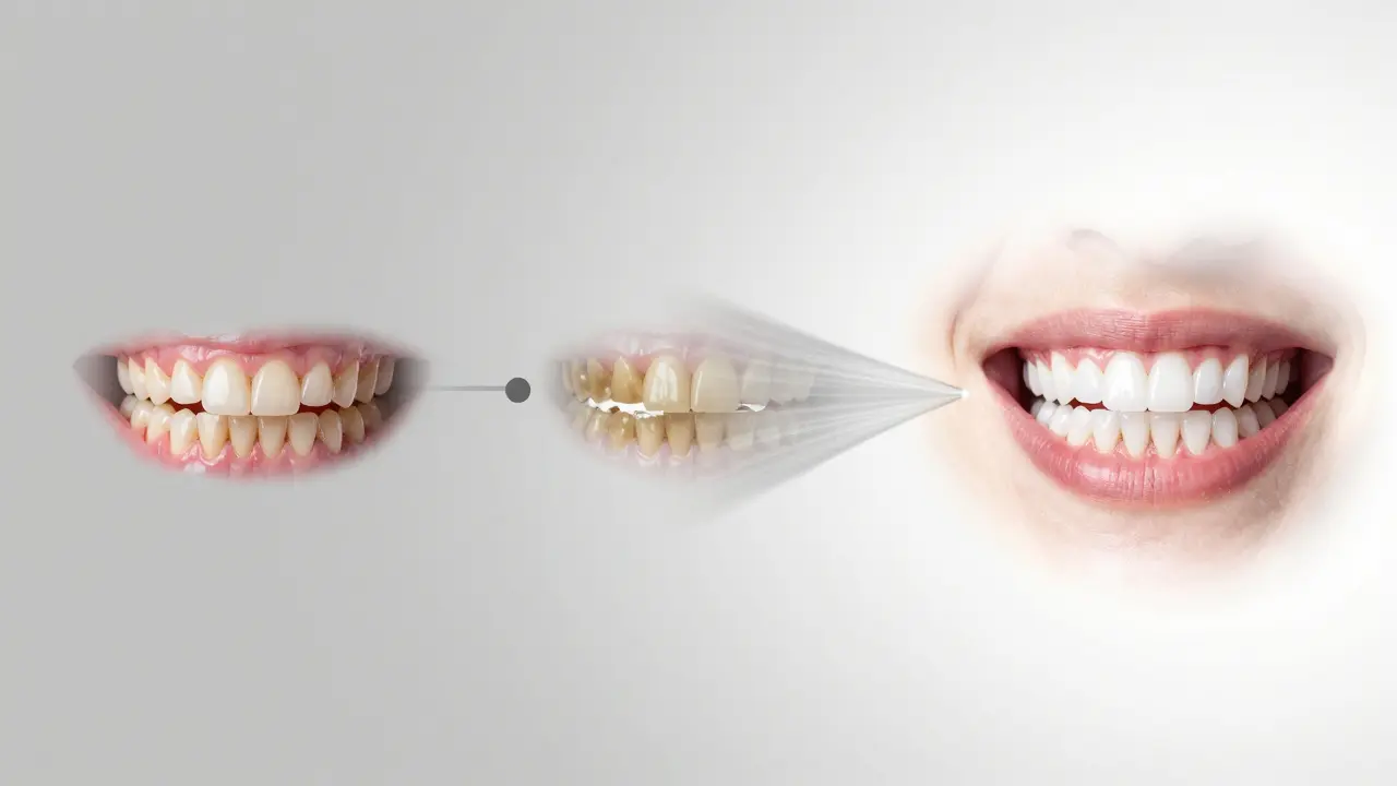 Vývoj úsměvu od zbarvených zubů k čistému a zdravému vzhledu.