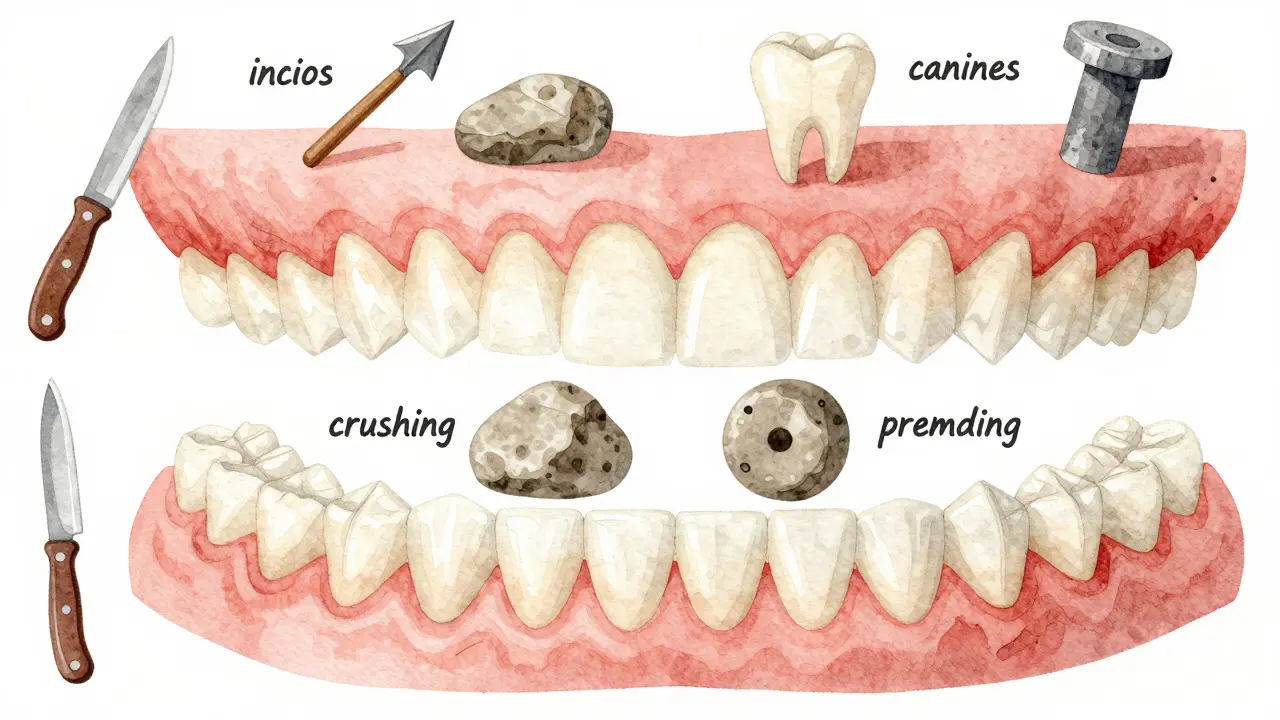 Watercolor illustration of jaw quadrants with symbolic tools representing each tooth type’s function.