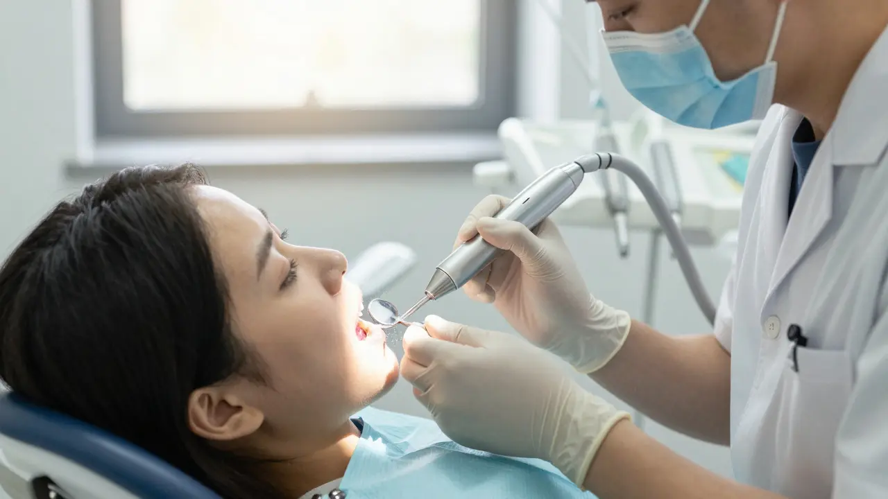 Zubní lékař odstraňuje kámen ultrazvukem, pacient klidně sedí v křesle.