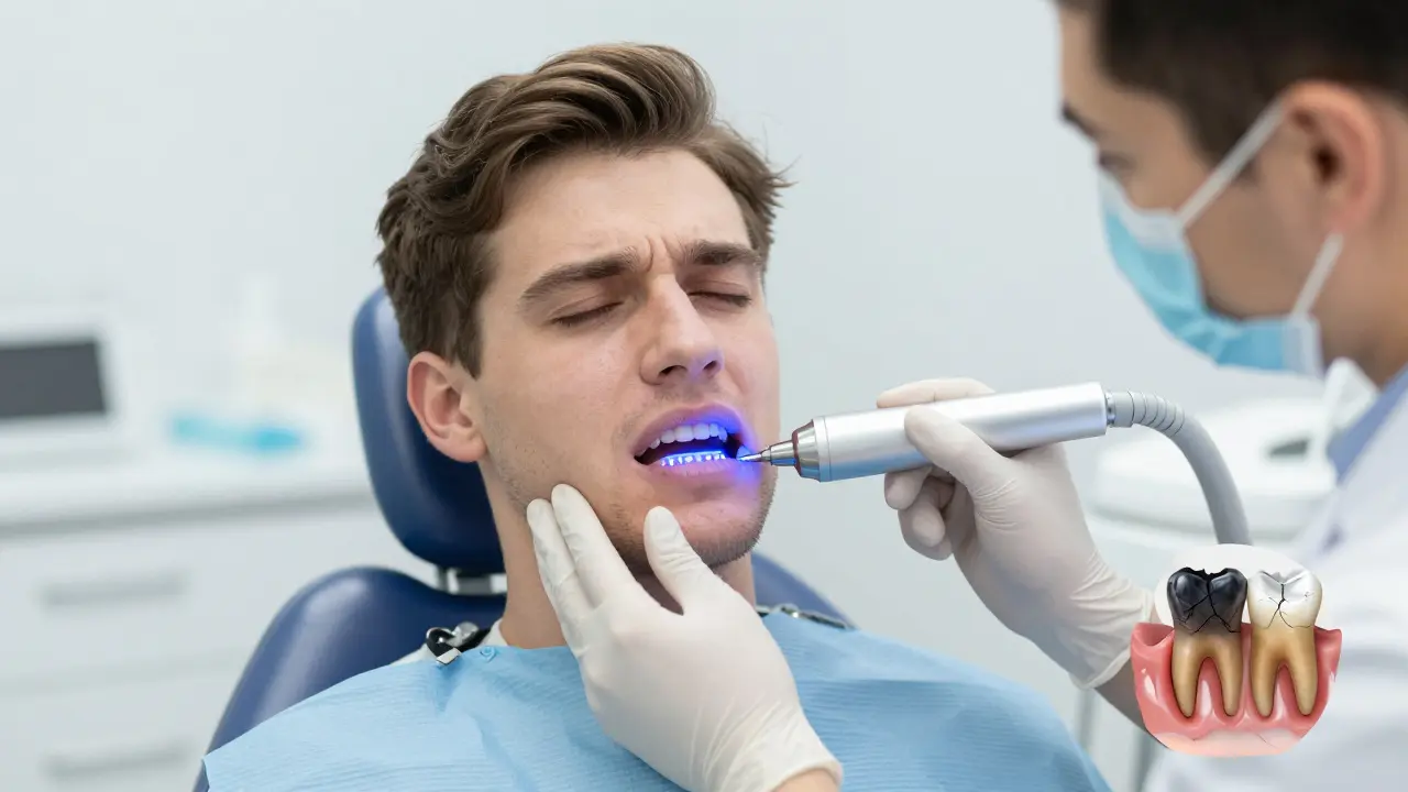 Zubní lékař používá laser k detekci skrytých trhlin na zubu v klinice.