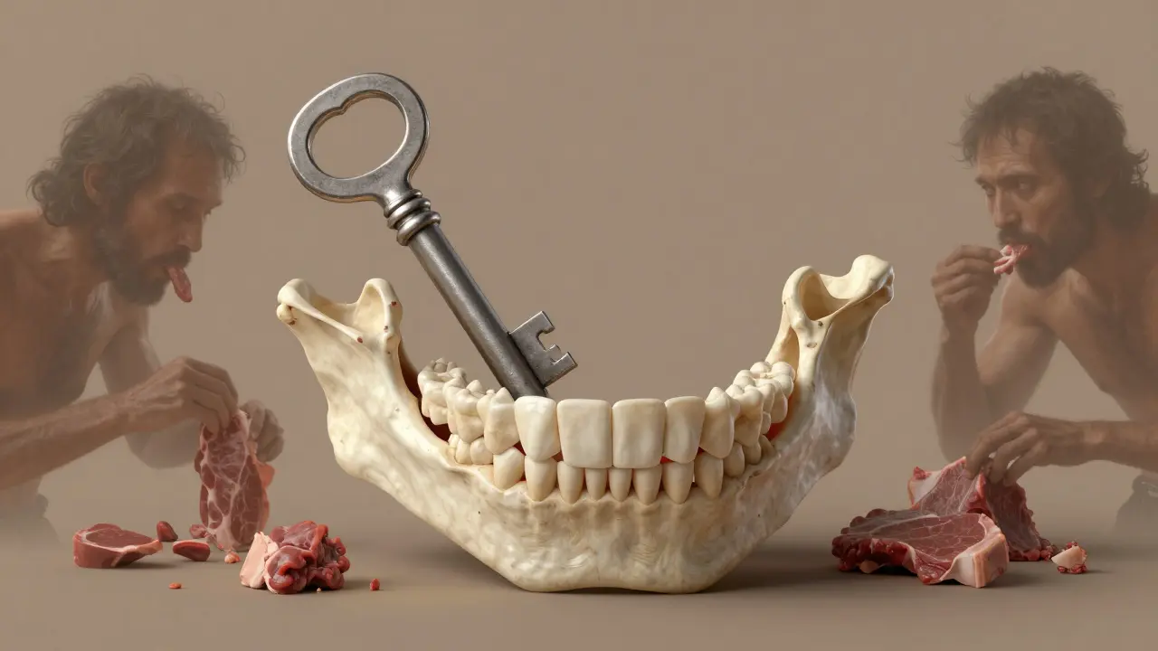 Čelist jako mechanický klíč, kde štěkací zuby drží zubní oblouk spolu.