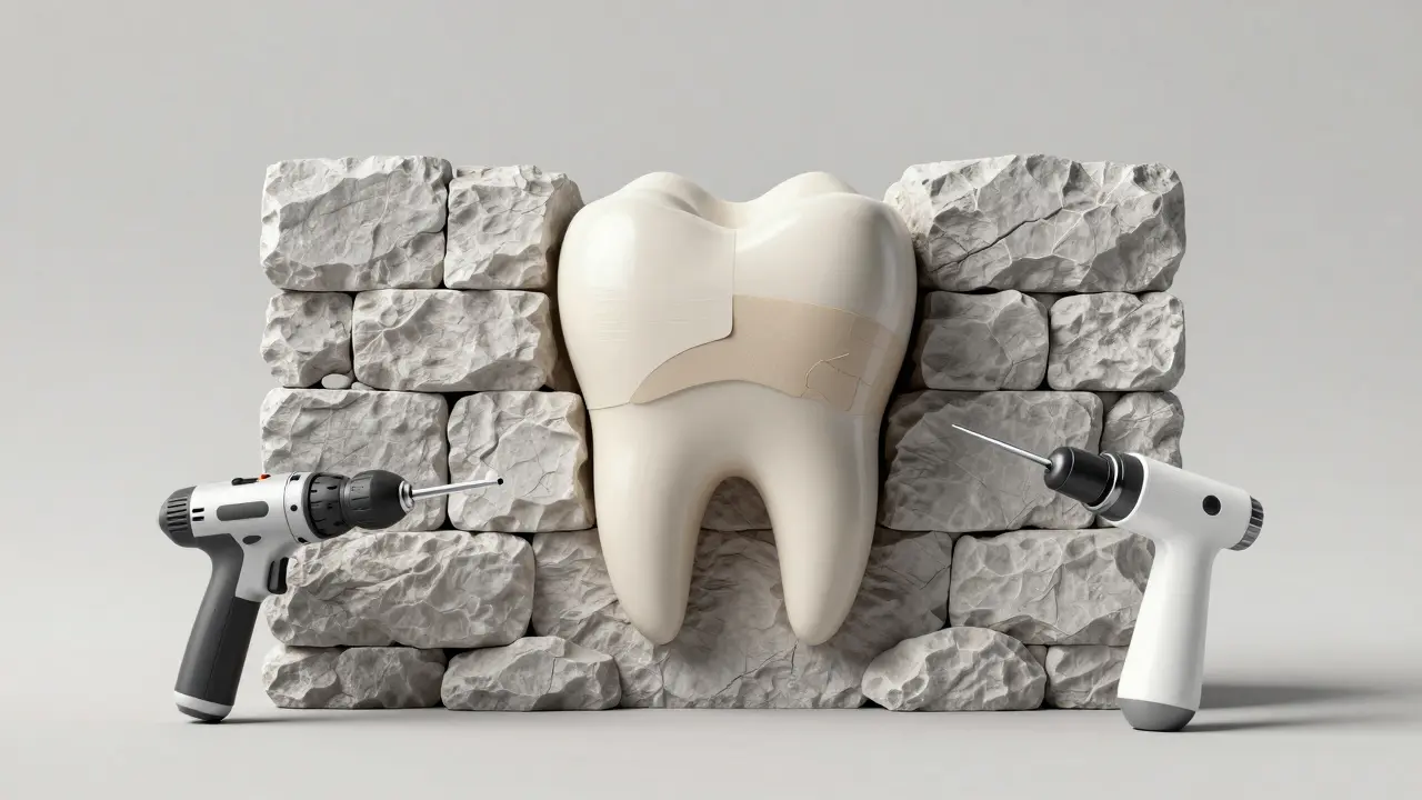 Conceptual repair of a crumbling stone wall symbolizing dental reconstruction with composite material.