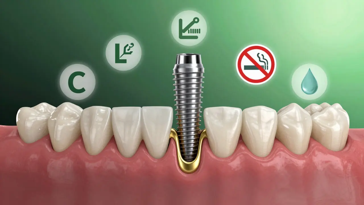 Dental implant fusing with jawbone, symbolized by golden pathway, vitamins, water, and a ban on smoking for long-term success.