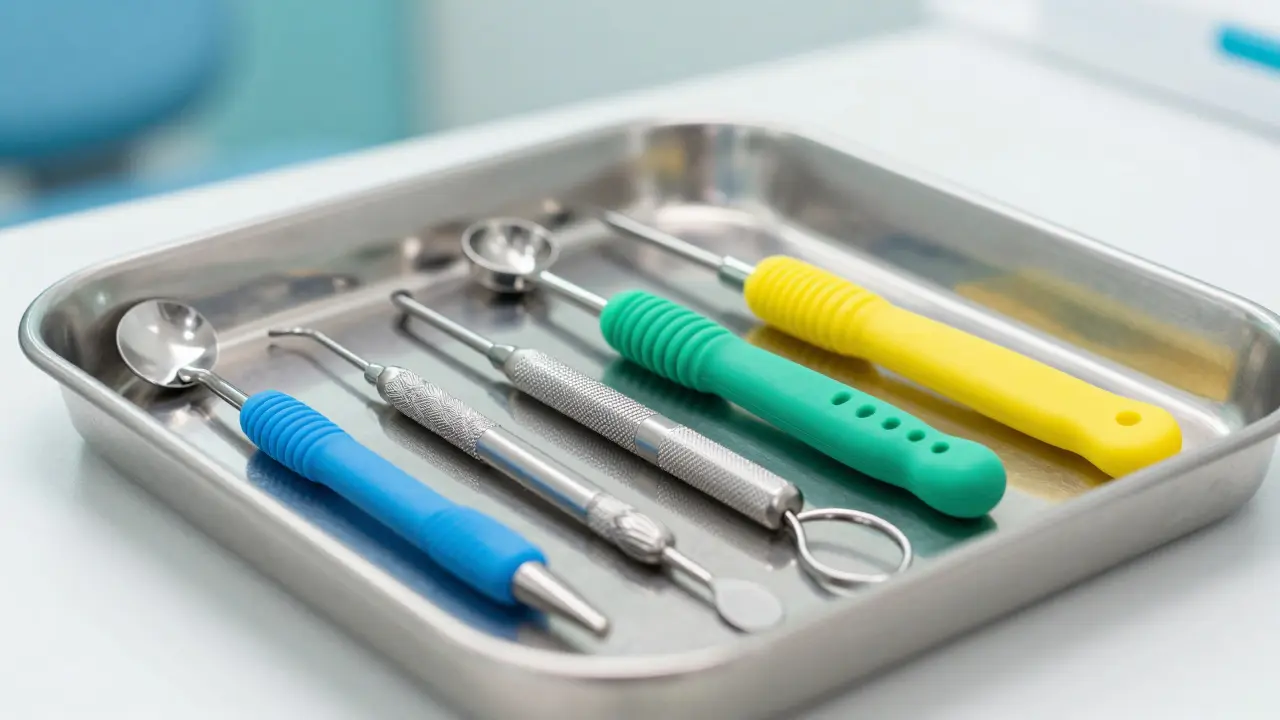 Detail barevných specializovaných nástrojů pro dětskou stomatologii na sterilním talíři.