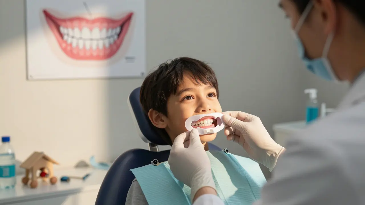 Dítě s rozšiřovačem čelisti v ortodontické ordinaci, lékař upravuje zařízení, teplé osvětlení a klidné prostředí.