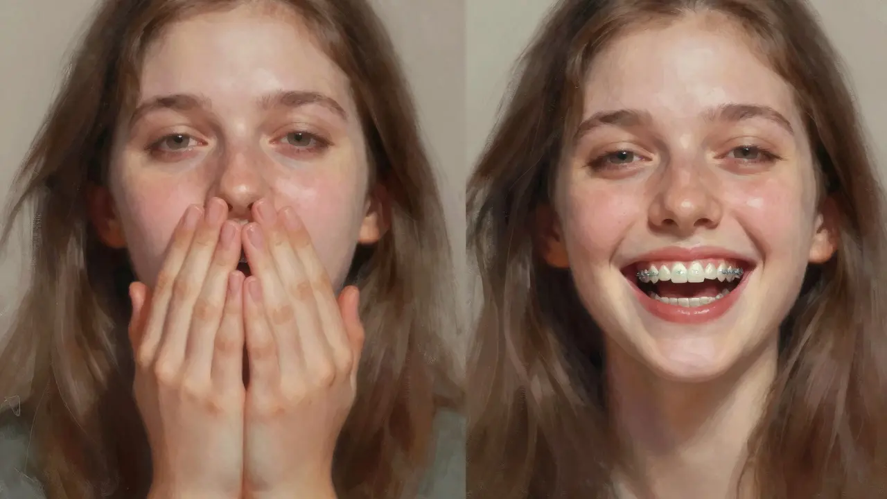 Dvě části obrázku: jedna ukazuje skrývání úsměvu s kovovými rovnátky, druhá volný smích s keramickými.