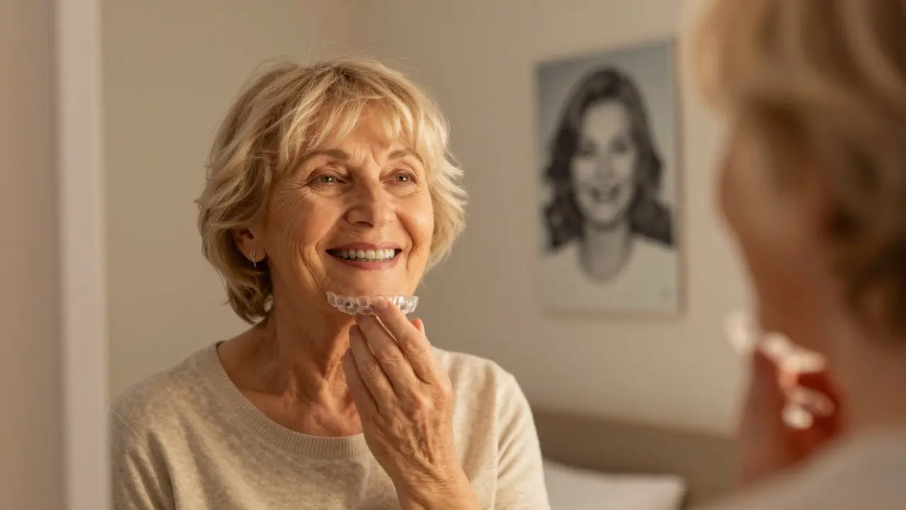 Elderly woman smiling with a clear nighttime retainer, reflecting on her orthodontic journey.