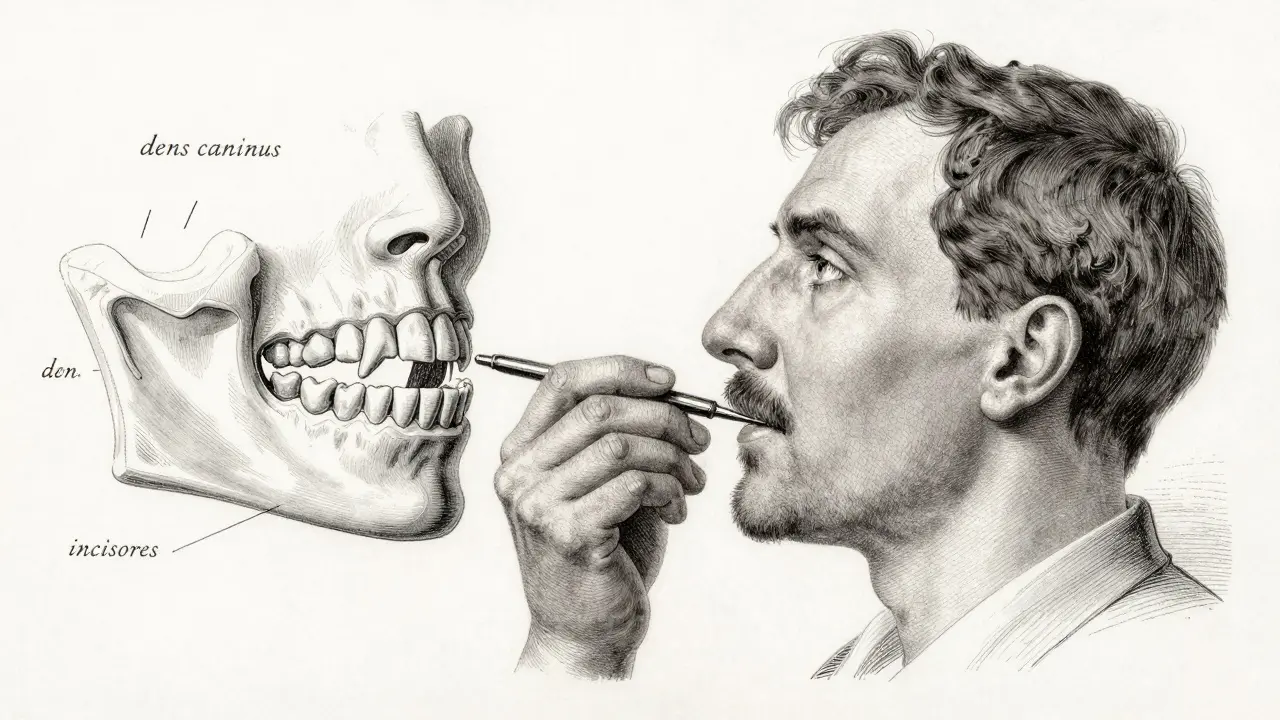 Historická ilustrace zubů s latinskými názvy a psími zuby vedle čelisti.