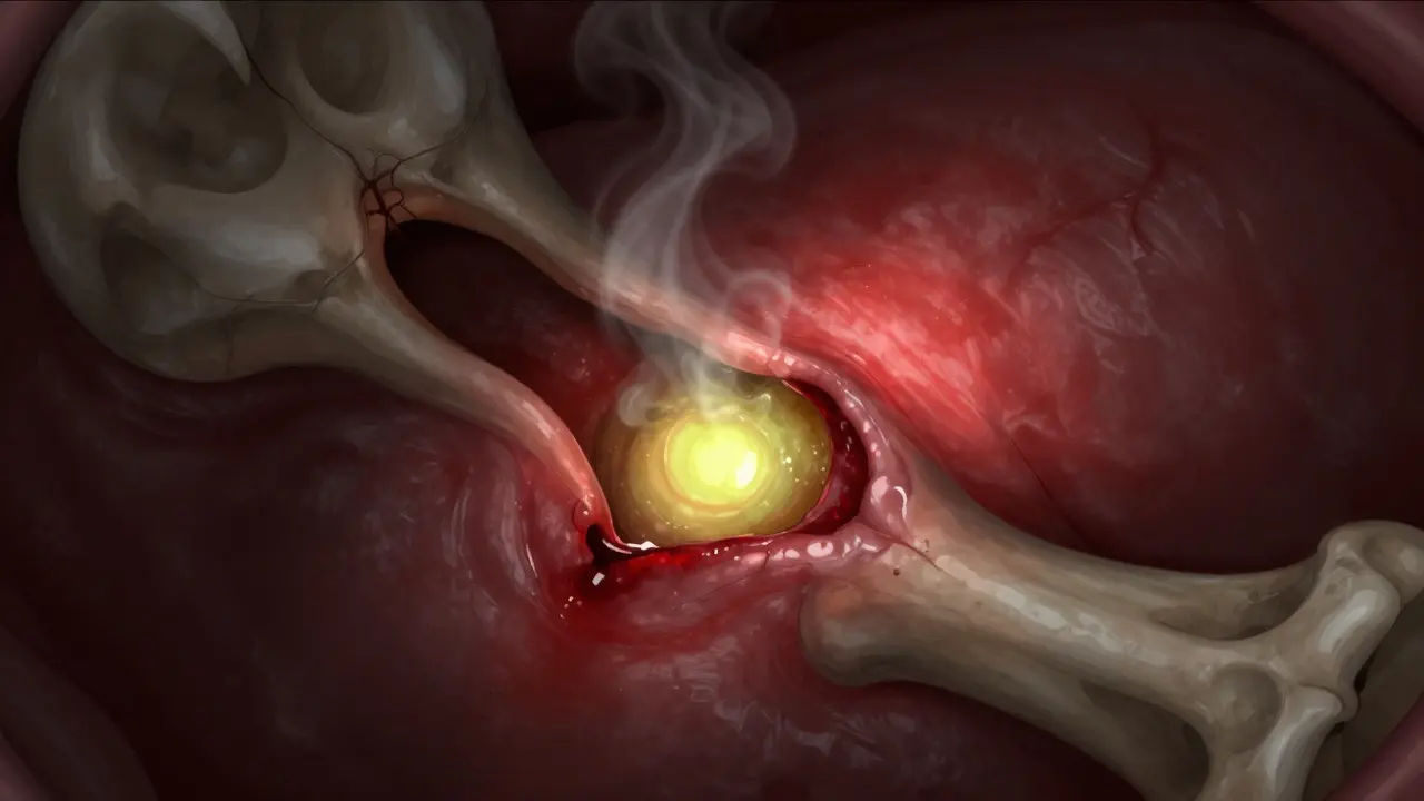 Infikovaná jamka po vytržení zubu s hnisavým výtokem a znaky šířící se infekce do čelisti.