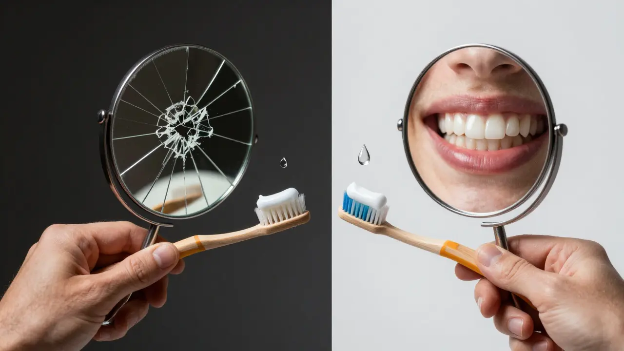 Kontrast dvou rukou: jedna s poškozeným kartáčkem a poškozenými zuby, druhá s novým kartáčkem a zdravými zuby, symbolizující správnou a špatnou hygienu.