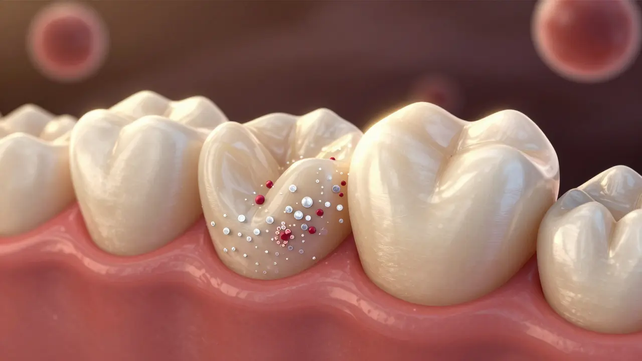 Křížový řez zubu ukazující remineralizaci sklovině minerály vápníku a fluoridu.