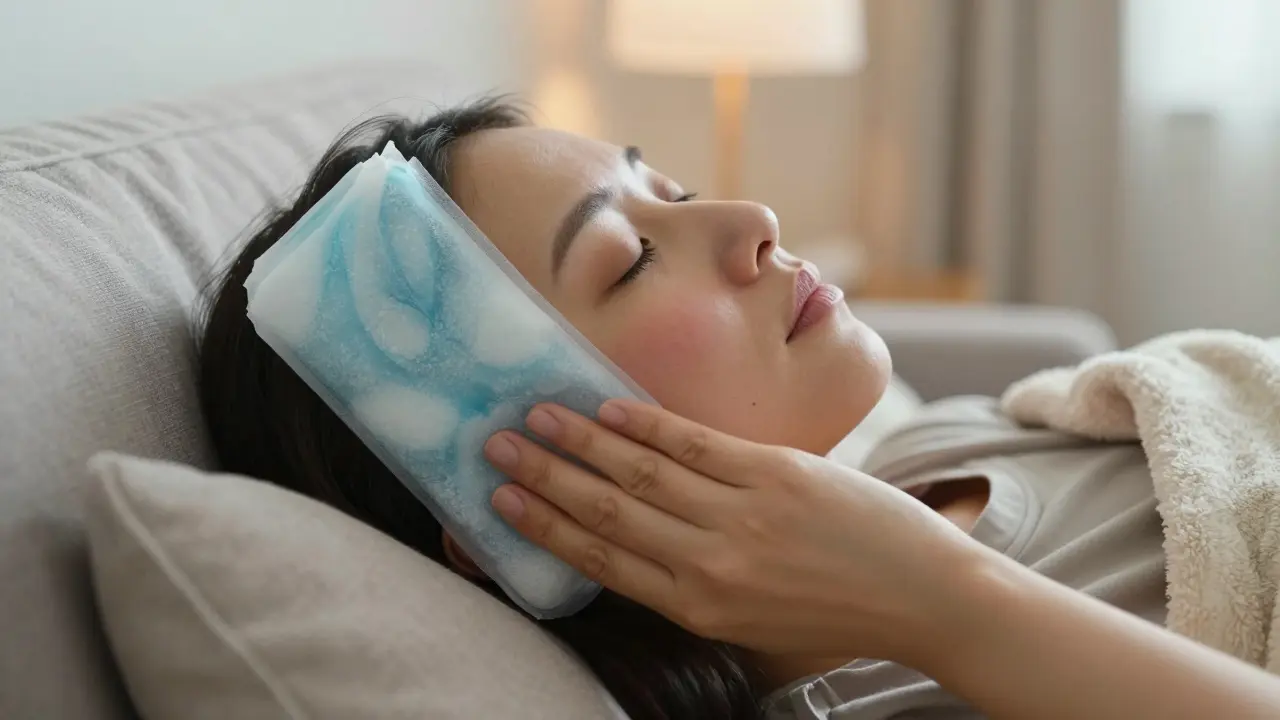 Ledová komprese na tváři pro úlevu po vytržení zubu.