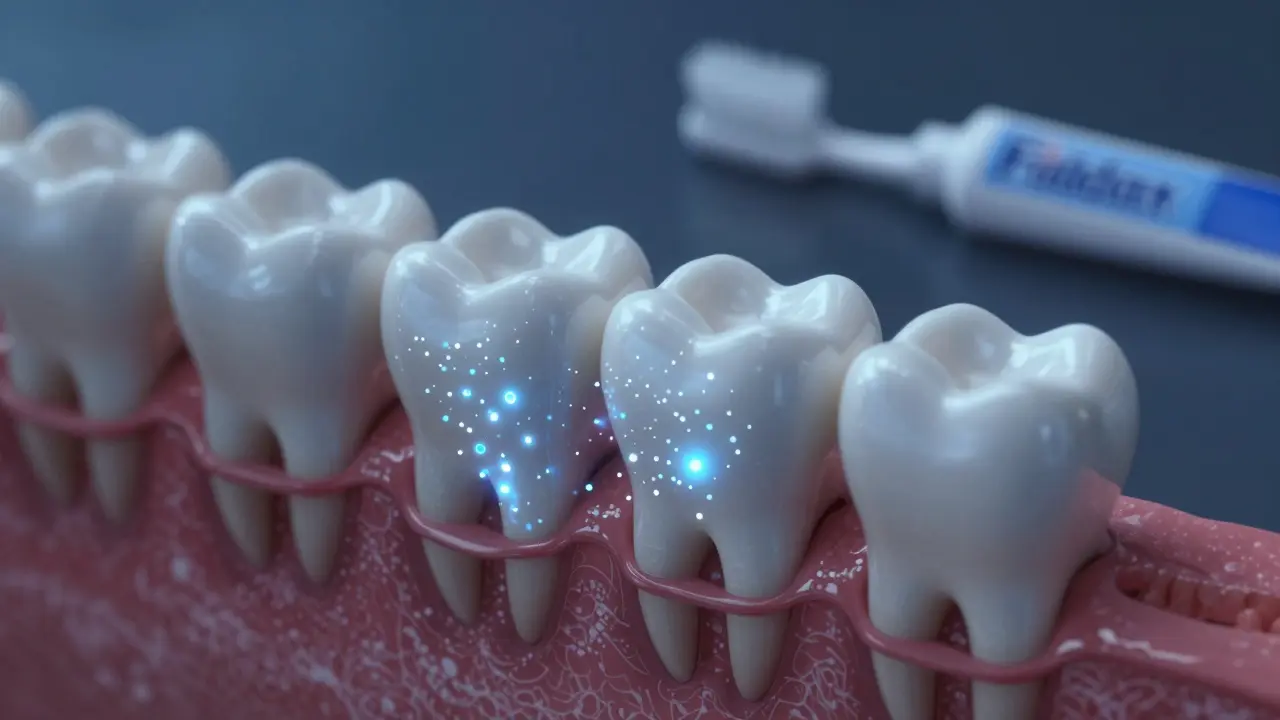 Microskopické ionty vápníku a fosforu obnovují zubní sklovinu během remineralizace.