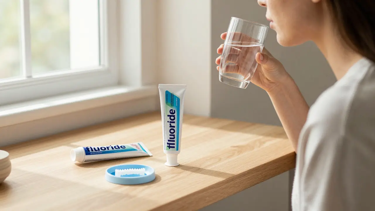 Pacient dodržuje doporučení po bělení zubů—pije vodu a má domácí nápravu na stole.