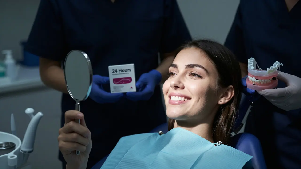 Patient looking in mirror to see shortened teeth beneath veneers, while shadowy figure offers quick cosmetic solution.