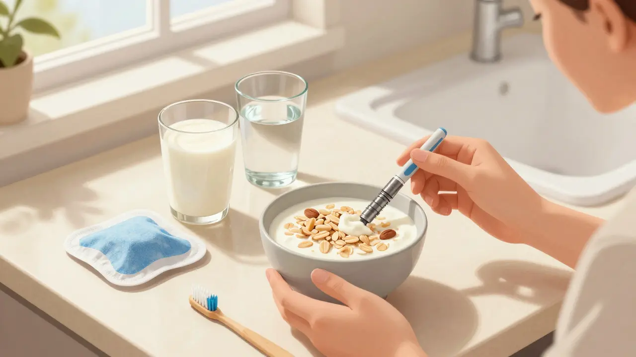 Person preparing for dental implant surgery with soft foods, cold compress, and toothbrush at home in morning light.
