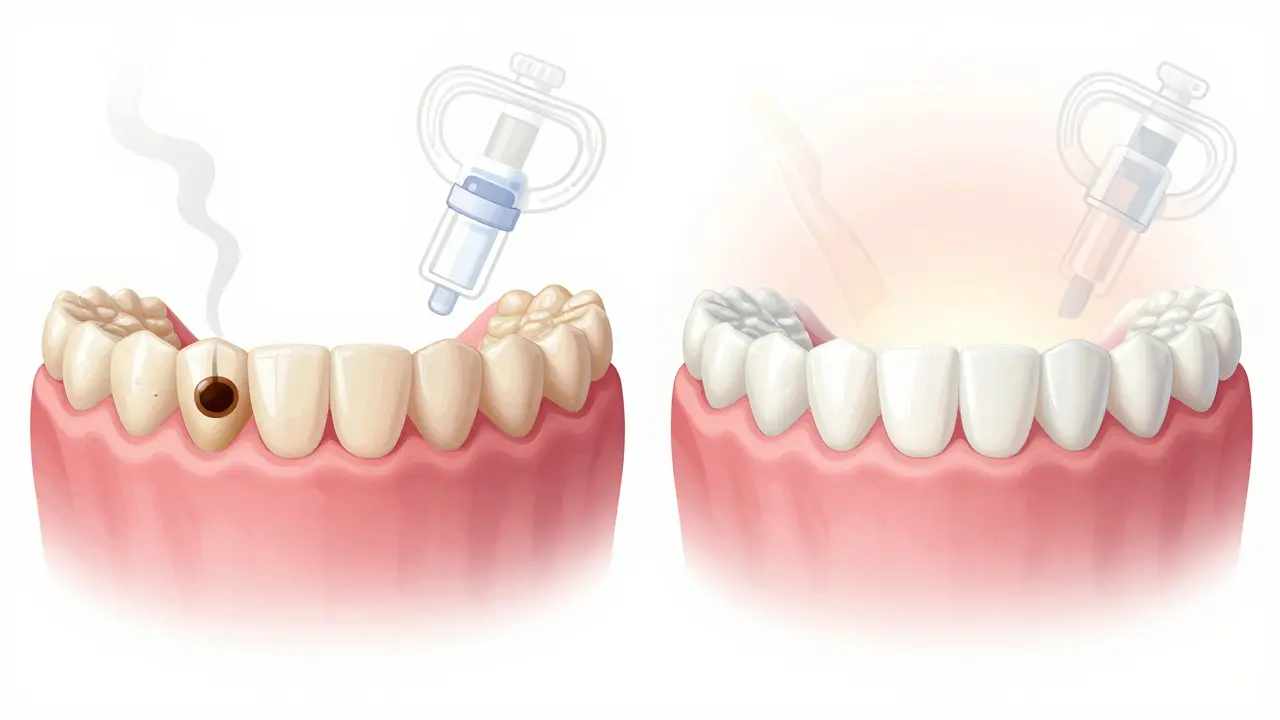 Porovnání tmavých a zbělených zubů: vlevo zbarvené zuby, vpravo jasně bílé zuby s přirozeným leskem.