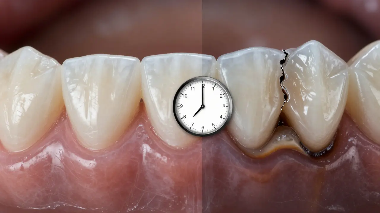 Porovnání zdravé a poškozené fazety: jedna s dlouhodobou výplní, druhá s karies a prasklinami pod povrchem.